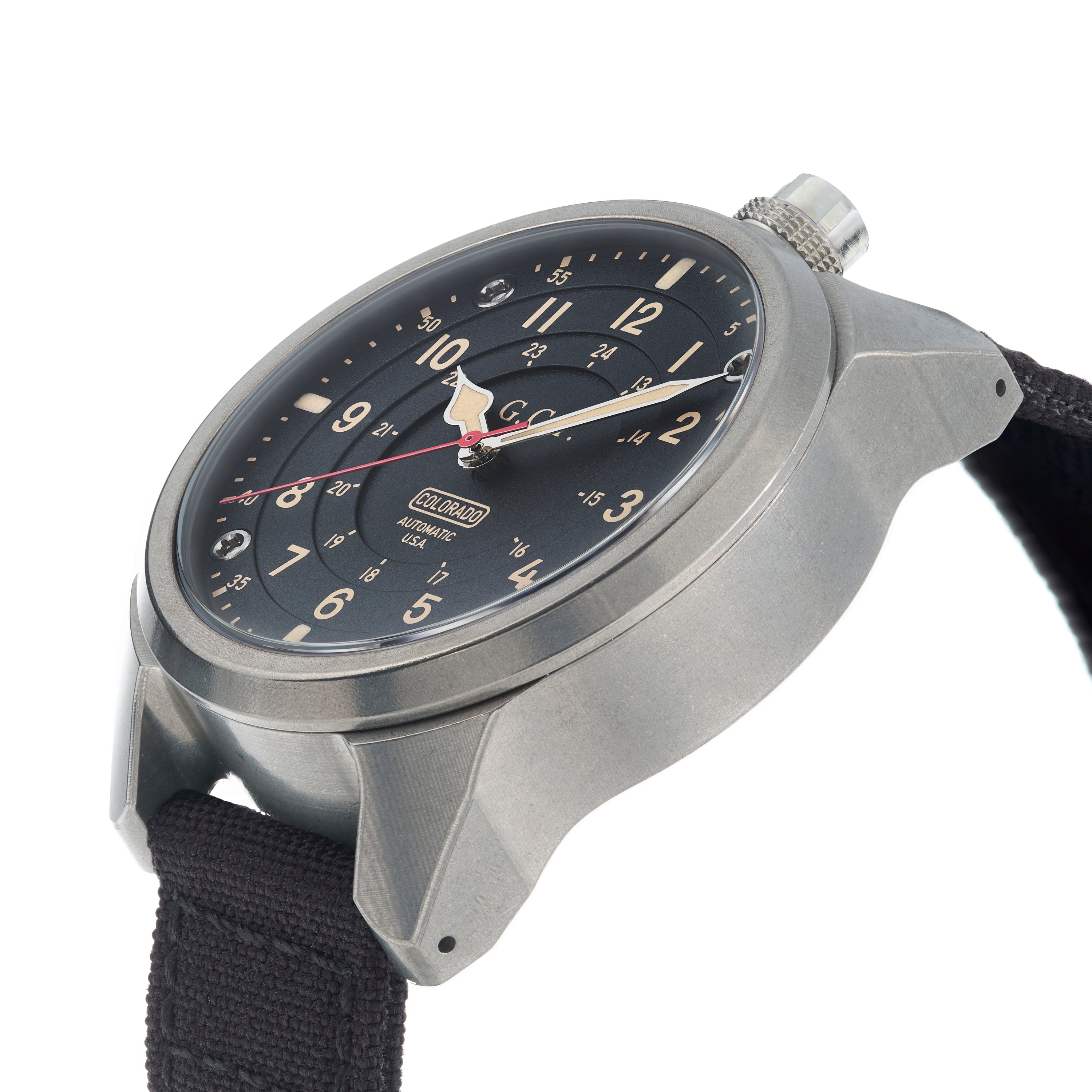 Wristwatch with metallic case and black strap on white background